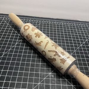 Embossed Wooden Christmas Theme Rolling Pin Holiday Cookie Stamp Natural Wood